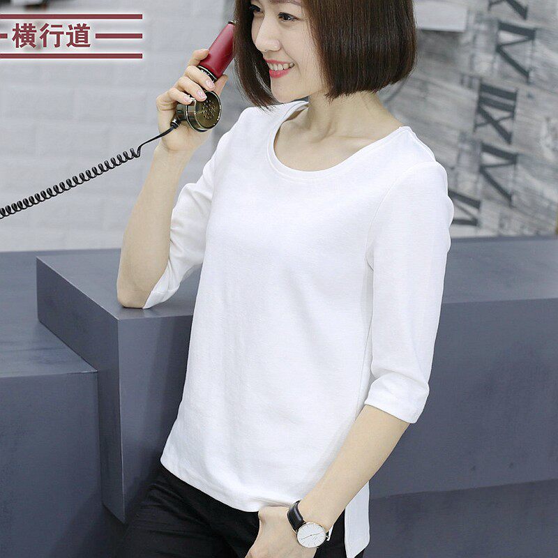中袖上衣女7分袖七分袖五分袖t恤宽松打底衫中年妈妈纯棉全棉春夏