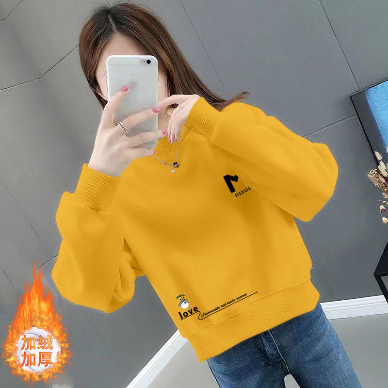 加绒加厚纯棉短款卫衣女秋冬季韩版宽松百搭洋气长袖圆领上衣外套