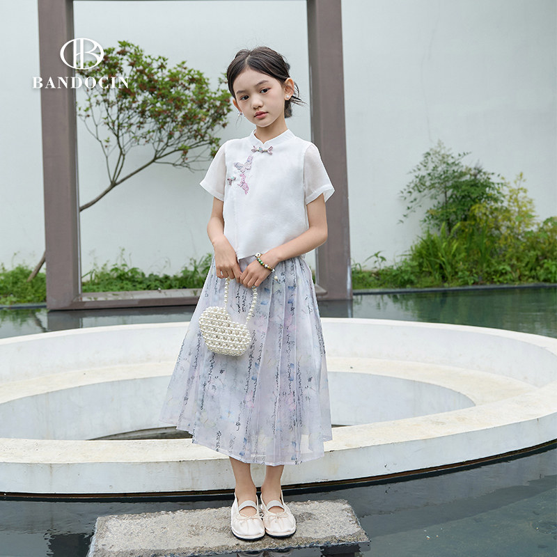 亲子新中式女童套装夏装洋气国风2024新款儿童夏季薄款汉服两件套