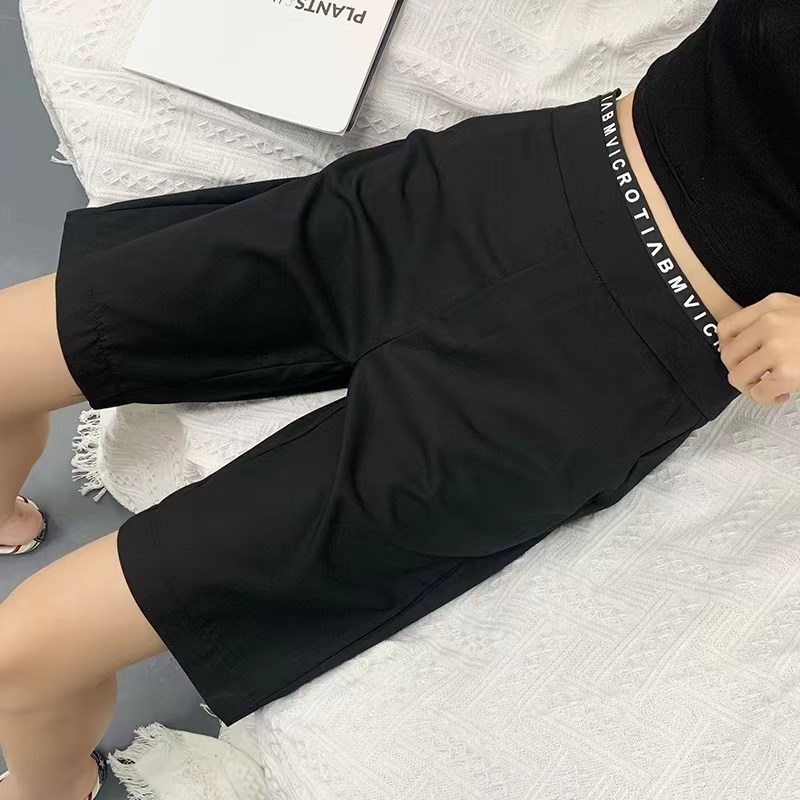 大码短裤松紧腰字母西装五分裤女2025薄款宽松直筒港味休闲五分裤