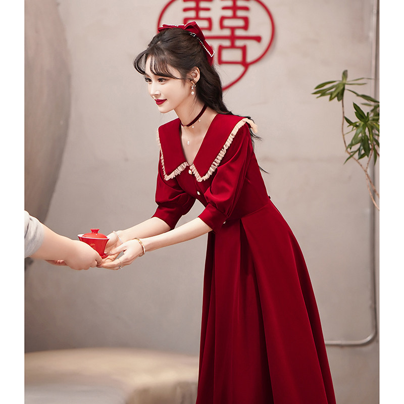 敬酒服新娘酒红色平时可穿甜美红裙结婚夏季小个子订婚连衣裙回门