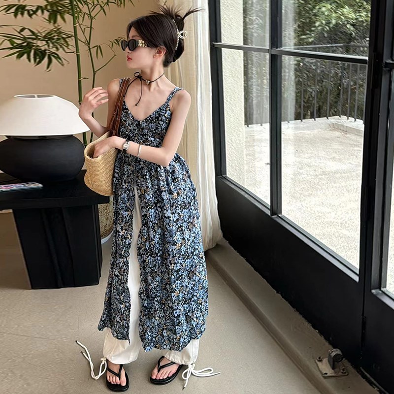 女童法式碎花V领吊带连衣裙夏季甜辣妹复古气质开叉收腰显瘦长裙