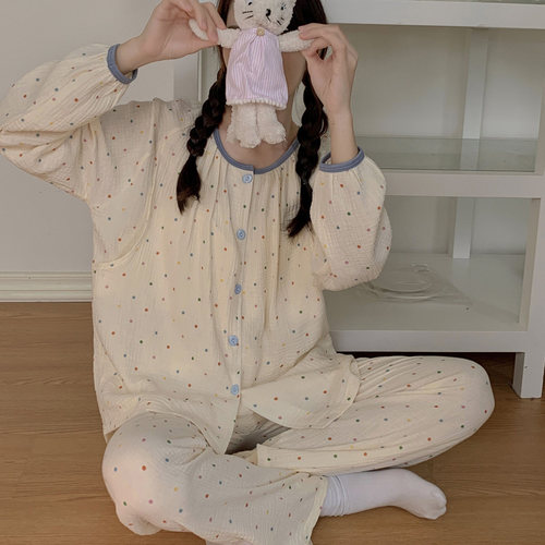 待产月子服夏季产后纯棉纱布哺乳睡衣女春秋款孕妇喂奶家居服套装