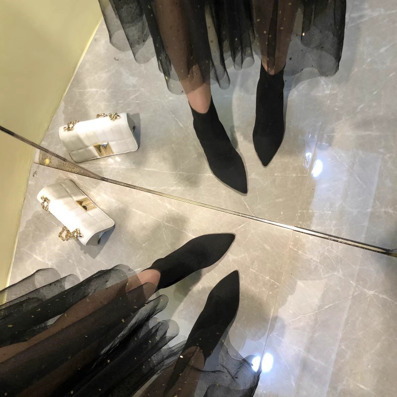 2023秋冬弹力袜子靴女高跟靴子针织袜靴瘦瘦靴细跟中筒短靴尖头裸