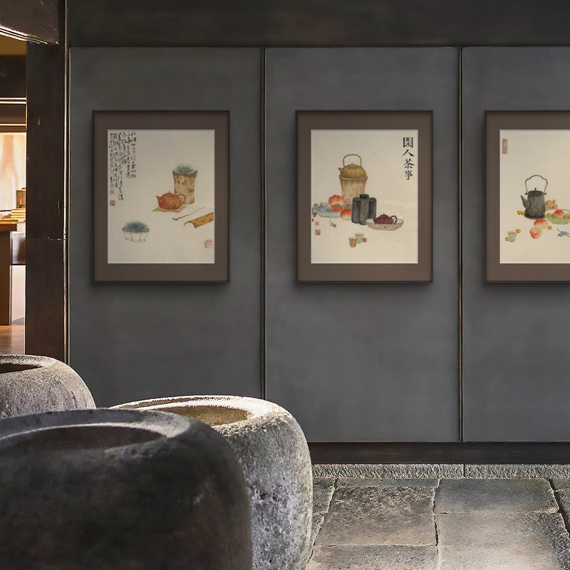 新中式茶室挂画民宿书房餐厅过道入户玄关多联禅意茶壶装饰画摆件