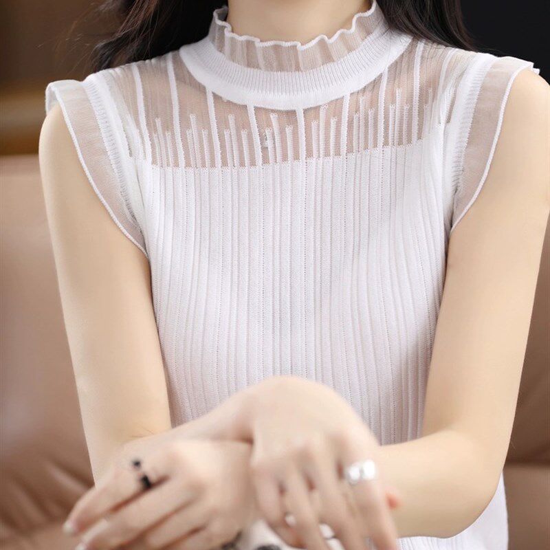 气质高级感蕾丝立领内搭无袖打底针织衫女春秋冬叠穿套头背心上衣