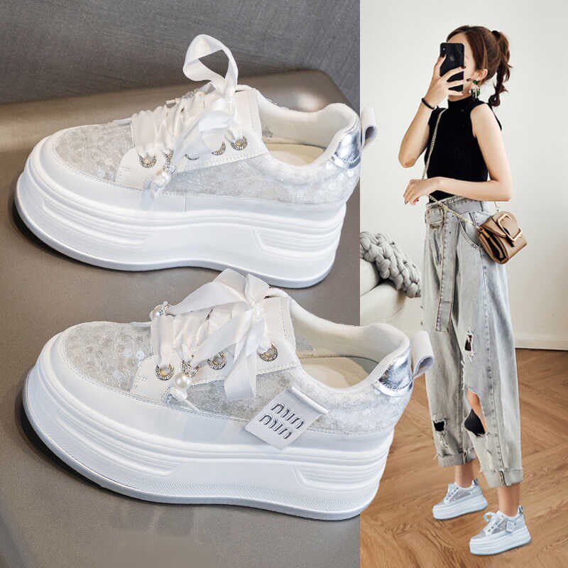 夏季透气薄款内增高女鞋8cm真皮小白鞋女蕾丝亮片厚底松糕白鞋子