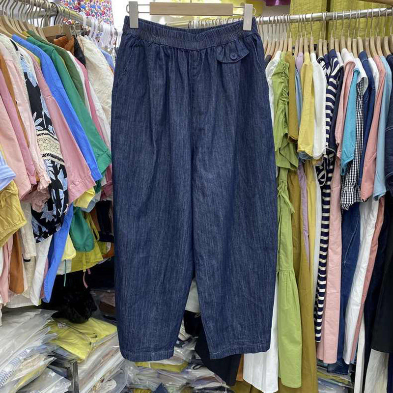 胖妹妹高级感松紧高腰阔腿牛仔裤女夏季2024年新款大码宽松休闲裤