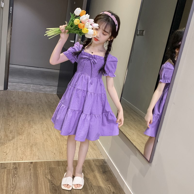 女童夏装连衣裙2023新款大童小女孩紫色裙子夏季泡泡袖洋气公主裙