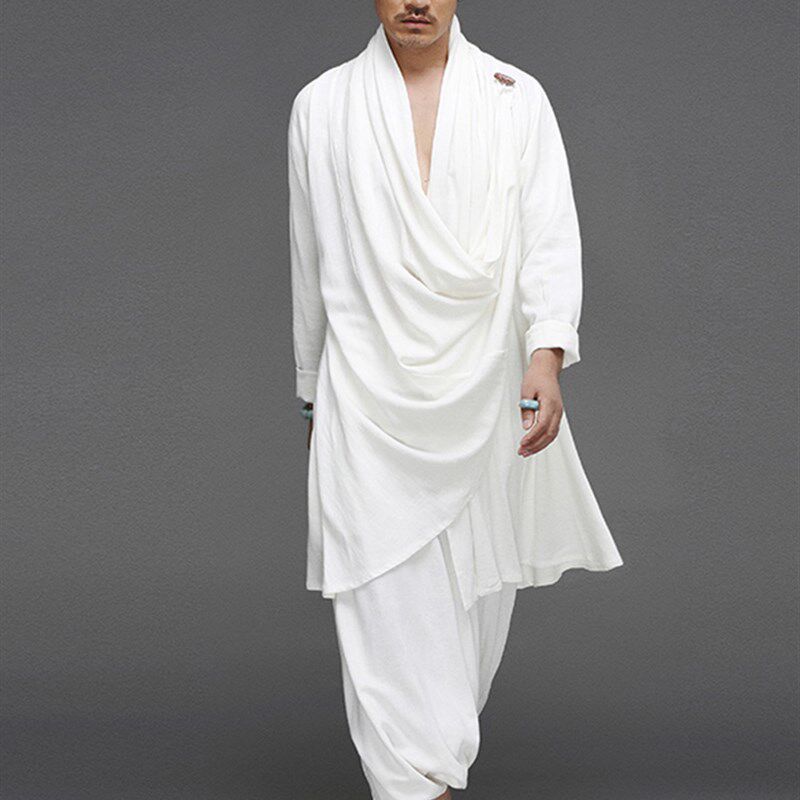 套装中国风男装复古棉麻禅修居士道服男汉服宽松民族风披风外套