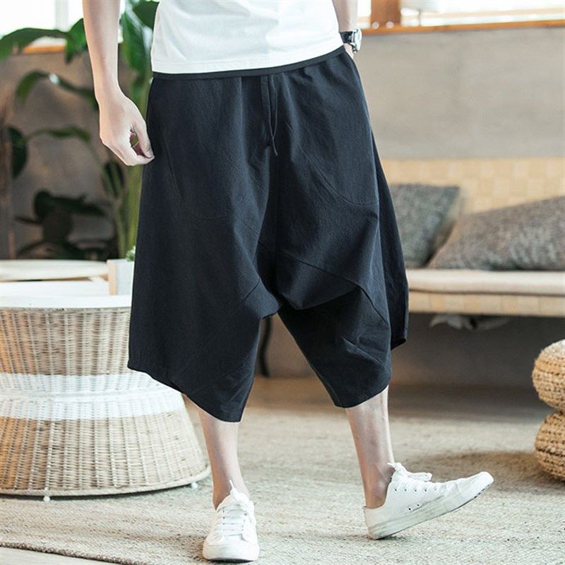 男士短裤夏季宽松薄款休闲亚麻7分裤潮流棉麻哈伦裤沙滩大裤衩