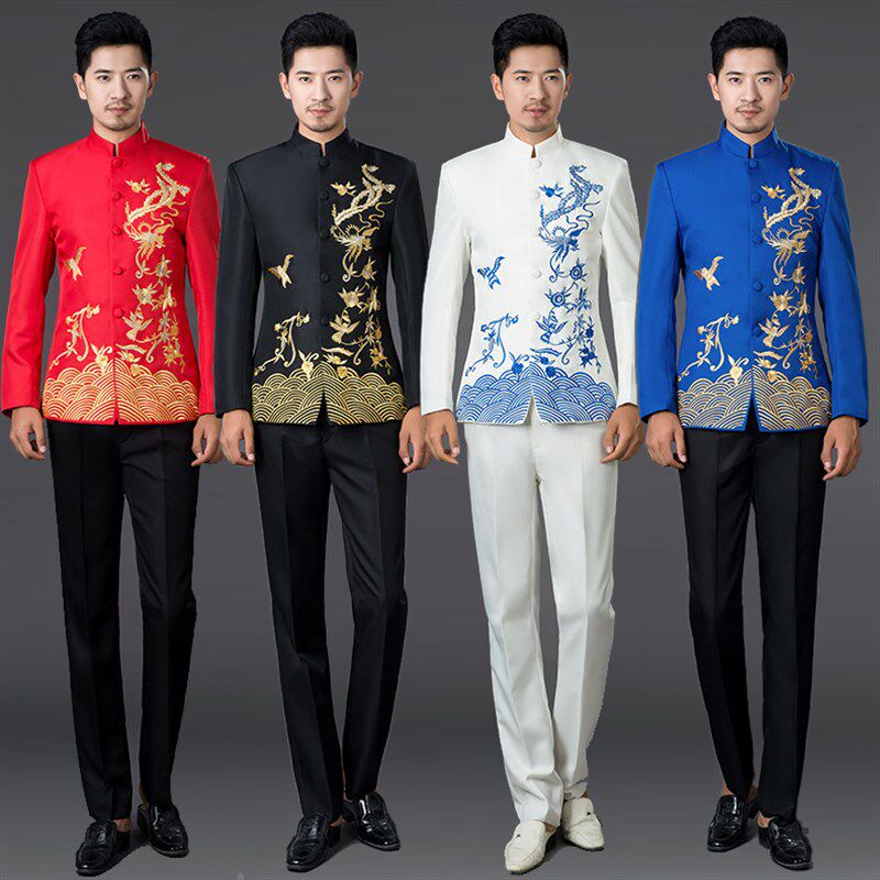 新款中式男装礼服男士中国风立领刺绣中山装主持演出服合唱服民乐