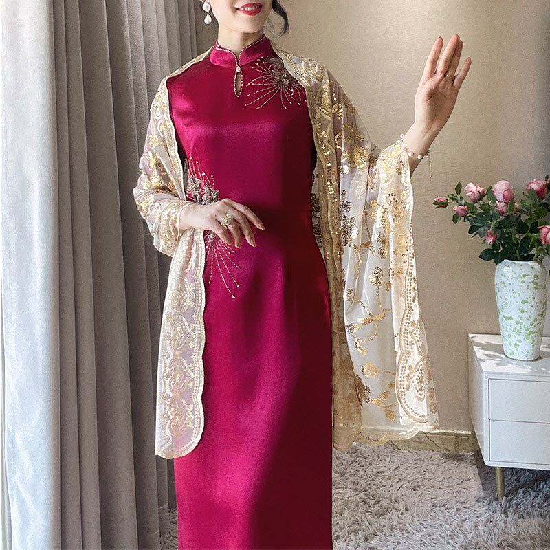 2025年夏新款喜妈妈婚宴披肩配旗袍晚礼服女外搭亮片薄款金色纱巾