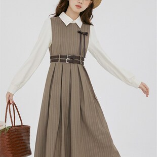 秋冬新款文艺复古背带连衣裙女学生中长款收腰设计感显瘦单件套装