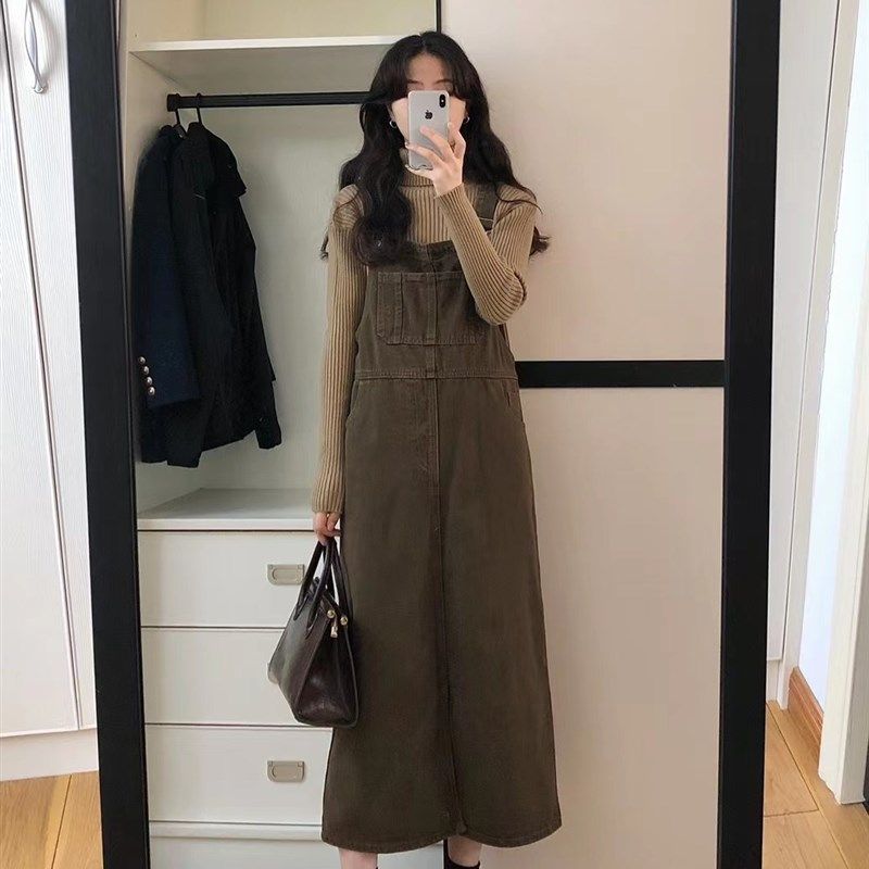 复古纯色牛仔抱婴袋裙女2023秋冬新款韩版时尚百搭显瘦无袖洋装