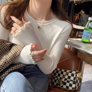 秋冬圆领长袖打底针织衫上衣修身显瘦高级感超好看白色毛衣女内搭