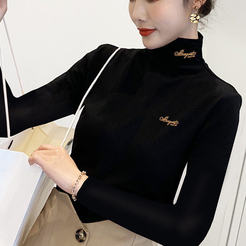 高领打底衫女T恤加绒加厚黑色小衫秋冬修身洋气长袖白色上衣内搭
