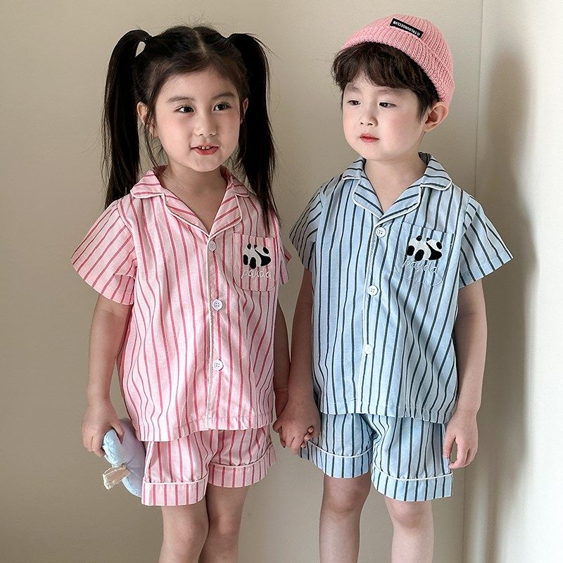 儿童睡衣宝宝夏季薄款纯棉条纹2025新款男童短袖裤套装女童家居服