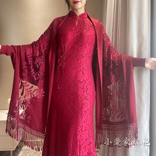 秋季高端旗袍披肩外搭婚礼妈妈喜婆婆刺绣披风外套开衫长袖酒红色