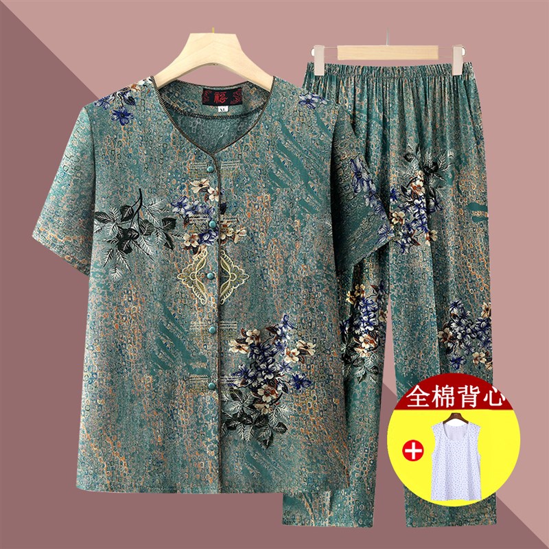 老太太夏装套装棉绸短袖老年女装小个子奶奶装夏季70多岁老人衣服