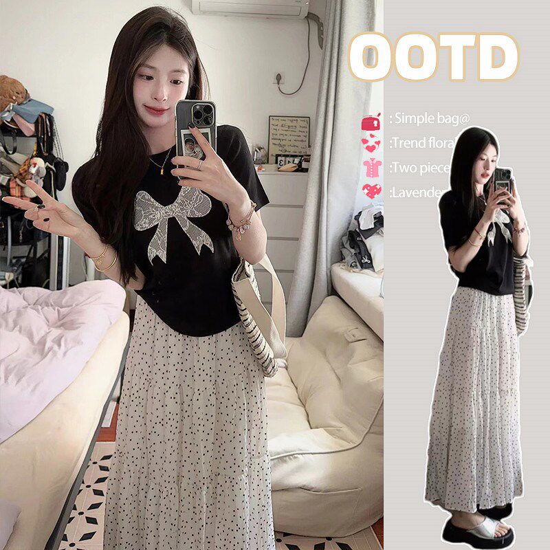 法式白色波点雪纺蛋糕半身长裙女夏小个子气质高腰垂感a字裙套装