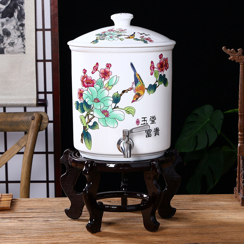陶瓷家用蓄水罐 冷水壶 储水桶 蓄水缸带龙头底座 茶具