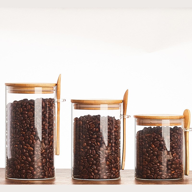 带勺子密封罐调料玻璃带盖圆形大咖啡豆家用商用五谷杂粮茶叶瓶子