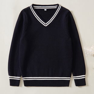 男童低领毛衣大童纯棉线衣女童学院风胖儿童针织衫男孩v领打底衫