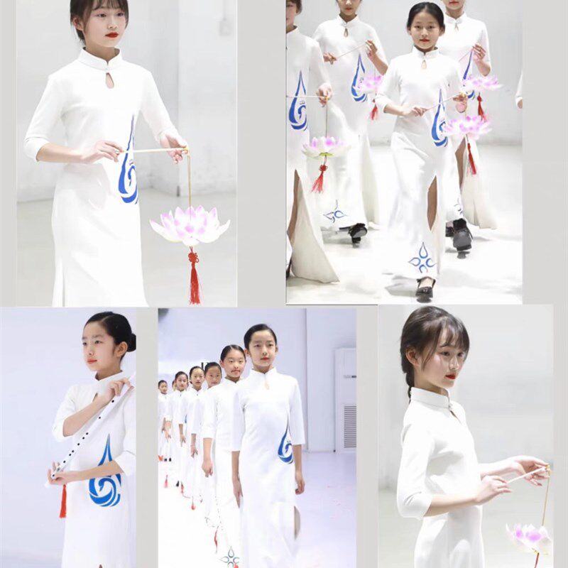 少儿白色旗袍儿童形体礼仪训练服女童模特走秀旗袍裙中国风演出服