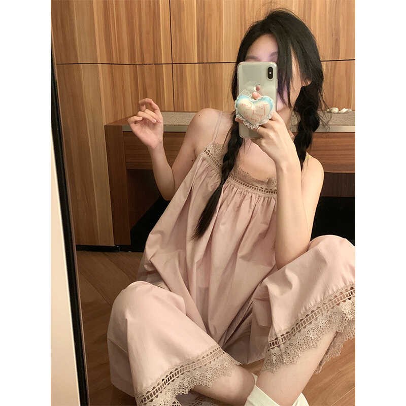 韩版吊带睡衣女夏季长裤r甜美蕾丝花边简约纯色全棉家居服两件套