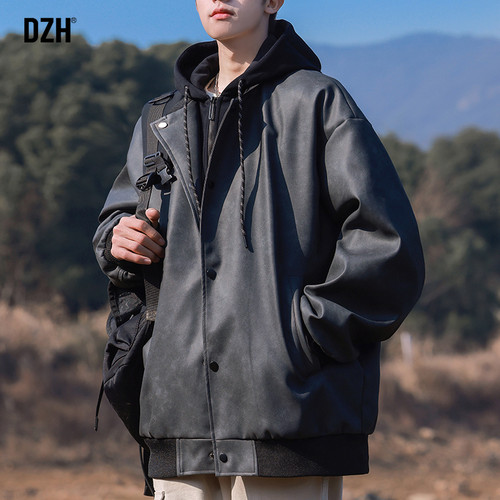 男生仿PU皮夹克外套男春秋款潮牌2025新款休闲连帽假两件上衣百搭