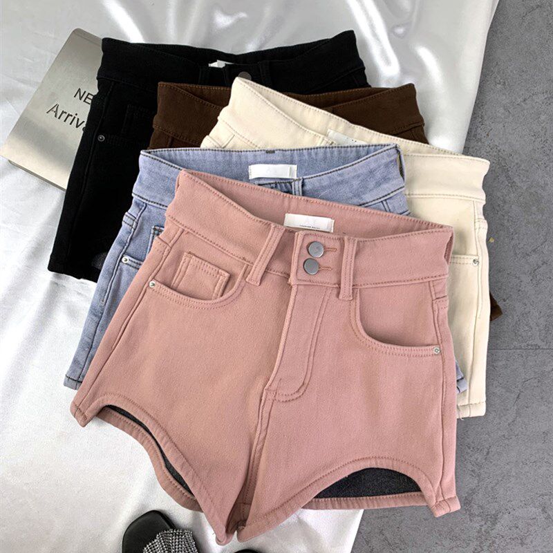 两粒扣加绒牛仔短裤女2023冬季新款显瘦百搭高腰弹力阔腿a字短裤