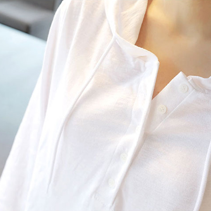 连帽竹节棉长袖t恤女春秋上衣纯棉带帽打底衫宽松薄款早秋棉衣服