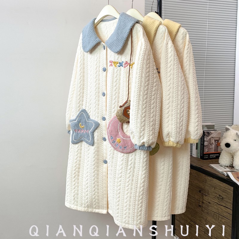 可外穿空气棉睡衣女n春款秋冬季长袖睡裙冬天夹层加厚家居服睡袍