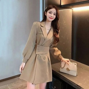 西装领秋装小个子韩版潮风衣短裙子女连衣裙2024春长袖设计感新款