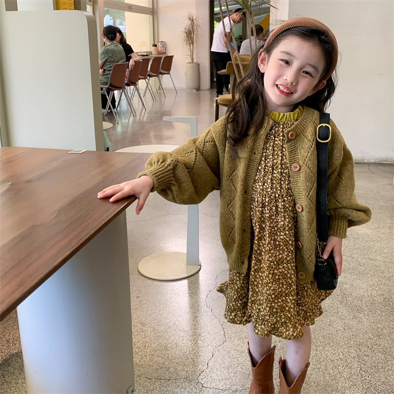 女小童碎花洋装套装女童针织毛衣外套新款童装儿童森系两件套裙