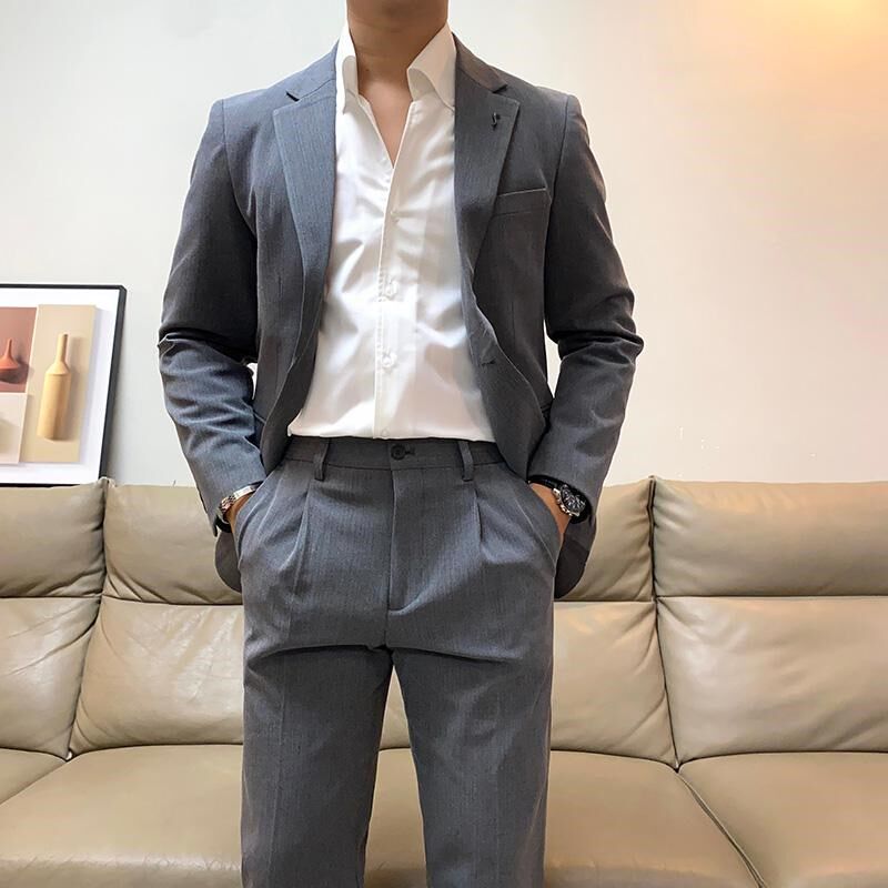 秋冬季男士条纹西服套装两件套修身韩版青年休闲西装新郎结婚礼服