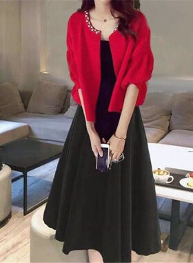 大尺码胖mm两件套女钉珠小外套胖+中长版针织显瘦洋装潮春秋新款