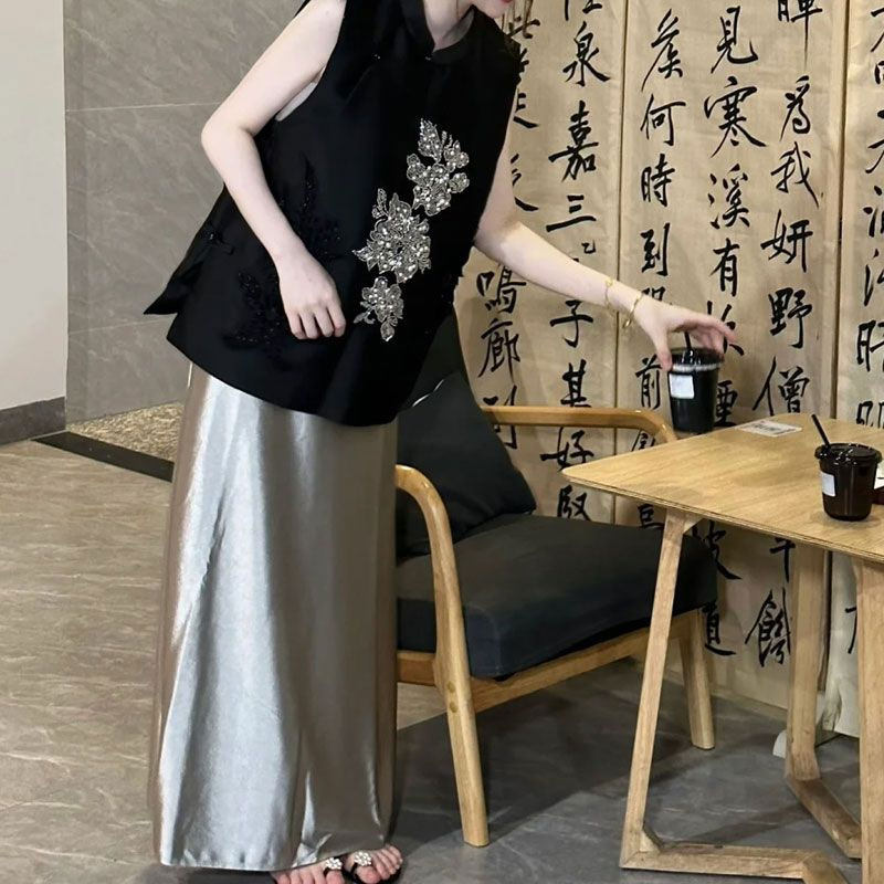 新中式文艺气质通勤中国风改良版无袖黑色马甲纯色半身裙夏季新款