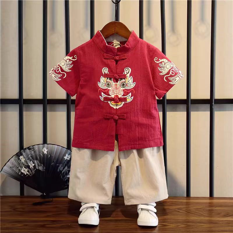 男宝抓周礼服儿童棉麻汉服唐装男童一周岁宴夏装中式套装宝宝夏季