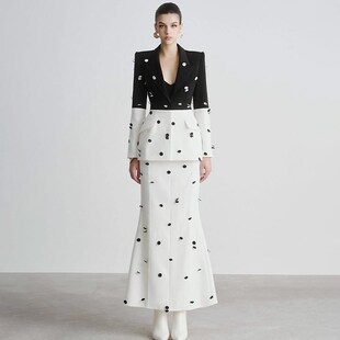 赫本风重工亮片西装外套夹克女高腰包臀鱼尾裙长款半身裙两件套装