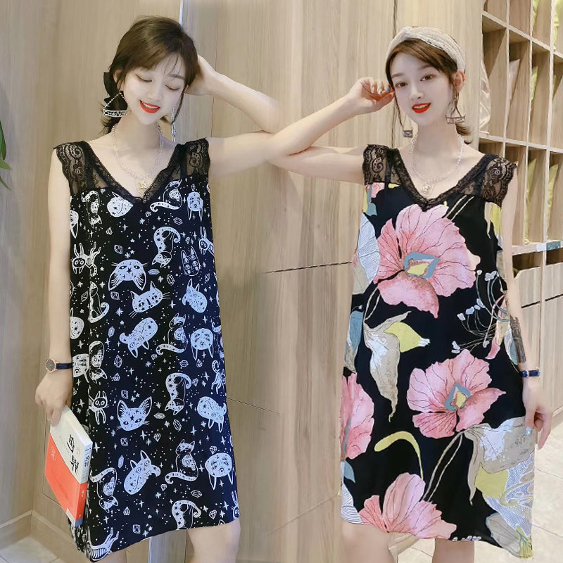 蕾丝拼接吊带睡裙女夏季薄款加肥加大码背心宽松洋气质家居服显瘦