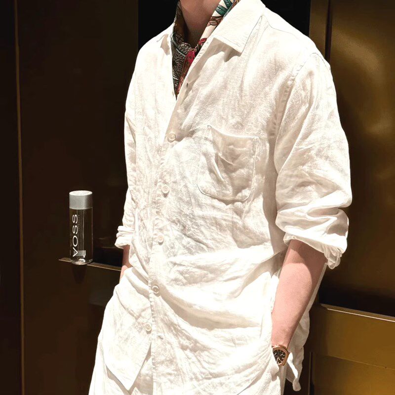 美式棉麻皱布衬衫男薄款透气宽松长袖防晒开衫亚麻休闲工装衬衣潮