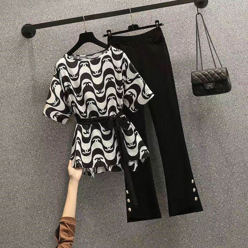 套装轻熟风减龄两件套装胖妹妹大码新款时尚微喇裤收腰女夏季上衣