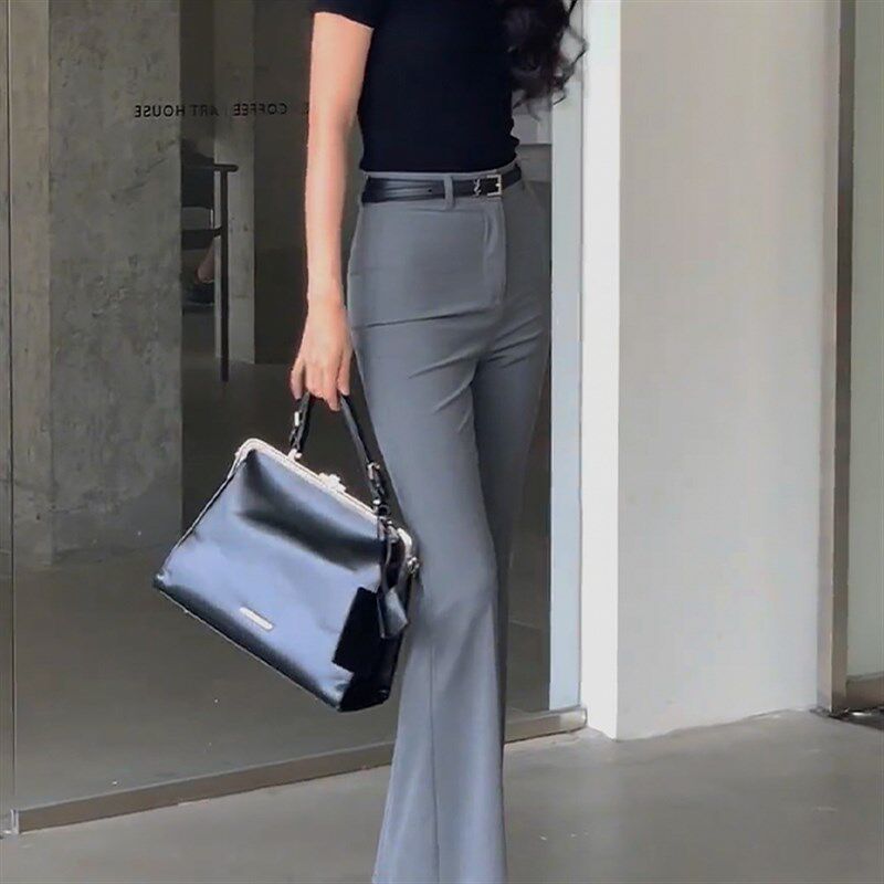 灰色修身显瘦西装喇叭裤女夏季新款高腰垂感薄款拖地长裤气质百搭