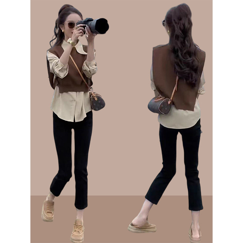小个子穿搭一整套春秋季新款高级感长袖衬衫马甲两件套搭配小脚裤