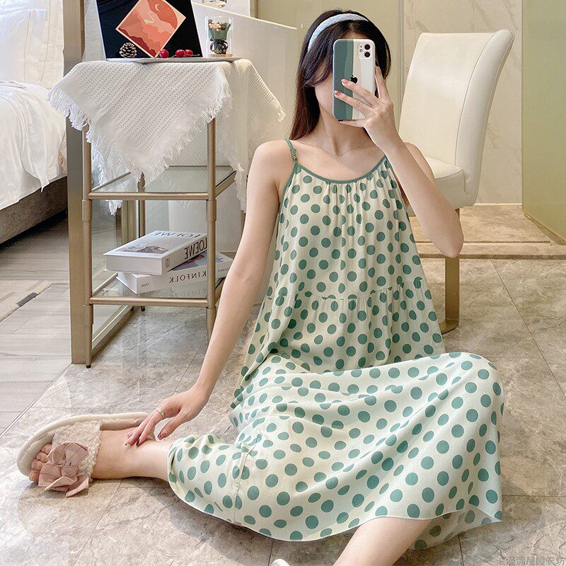 吊带睡裙女夏纯棉绸宽松连衣裙无袖家居服韩版薄款可爱睡衣女夏款