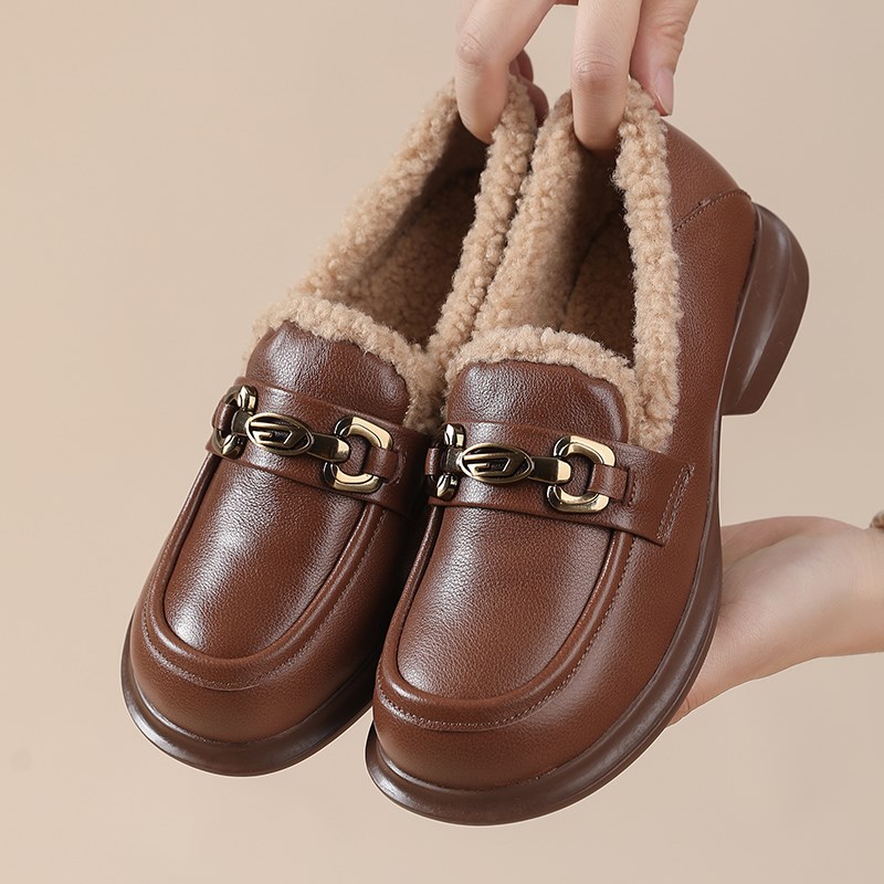 妈妈鞋冬季加绒真皮软底中老年人棉鞋防滑舒适Q不累脚皮鞋大码女
