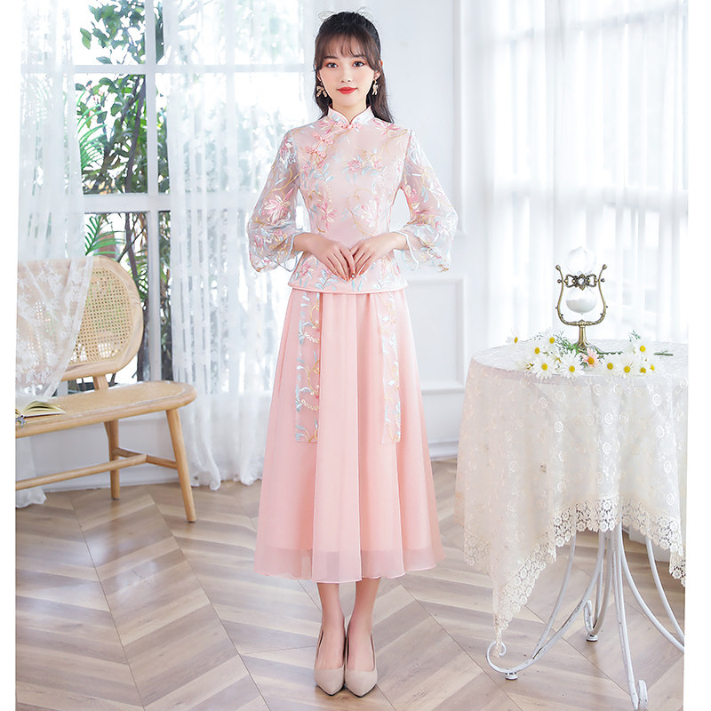 中式伴娘服婚礼中长款2021年新款伴娘礼服裙女仙气质中国风姐妹团