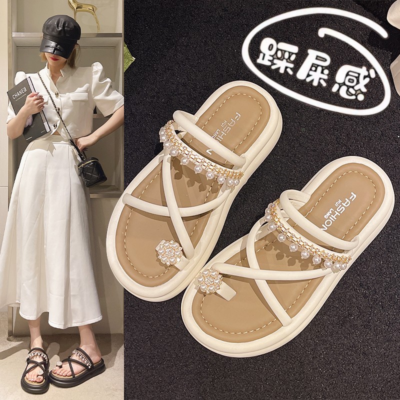 网红绝美厚底拖鞋女夏季外穿2025新款配裙子珍珠套趾两穿凉鞋34码